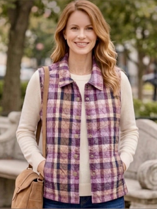 Christopher & Banks Jackets & Blazers - Christopher & Banks Purple Plaid Quilted Snap-Front Vest, Small.